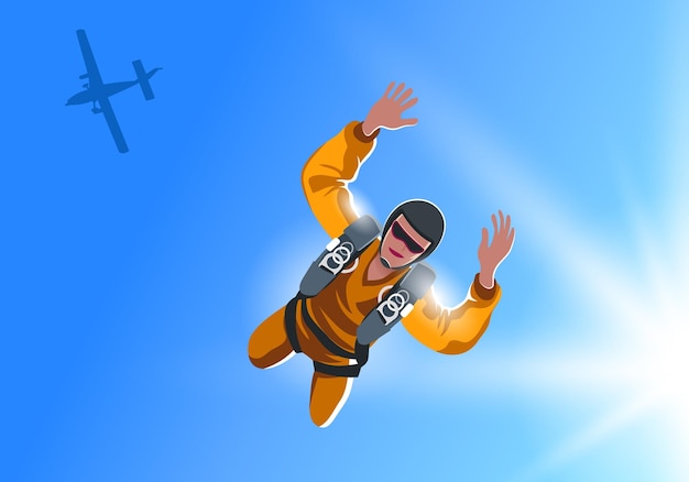 Vector een man in een gele jumpsuit vliegt in de lucht met het nummer 4 erop.