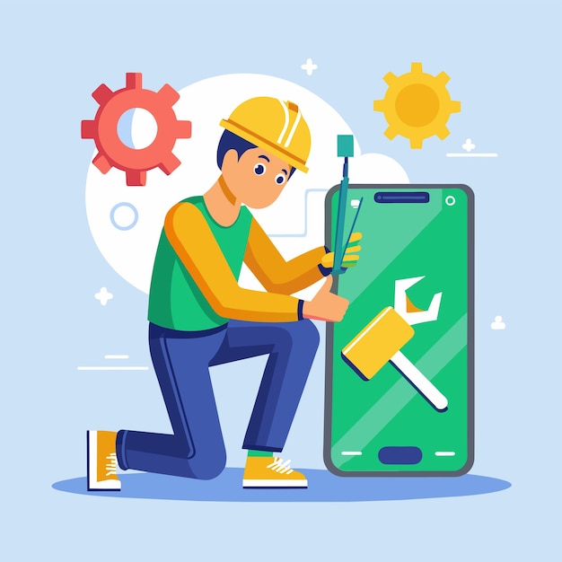 Een man in een harde hoed is gericht op het repareren van een telefoon met software problemen de werknemer is het reparatie van een fout mobiele telefoon software Eenvoudige en minimalistische platte vector illustratie