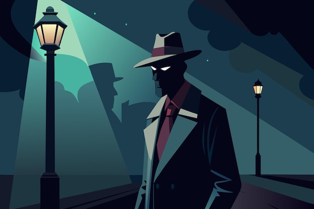 Een man in een hoed en een pak loopt's nachts door een straat.