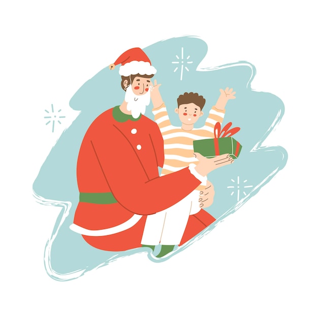 Een man in een kerstmankostuum geeft een jongen een cadeau het kind zit op zijn vaders schoot vector