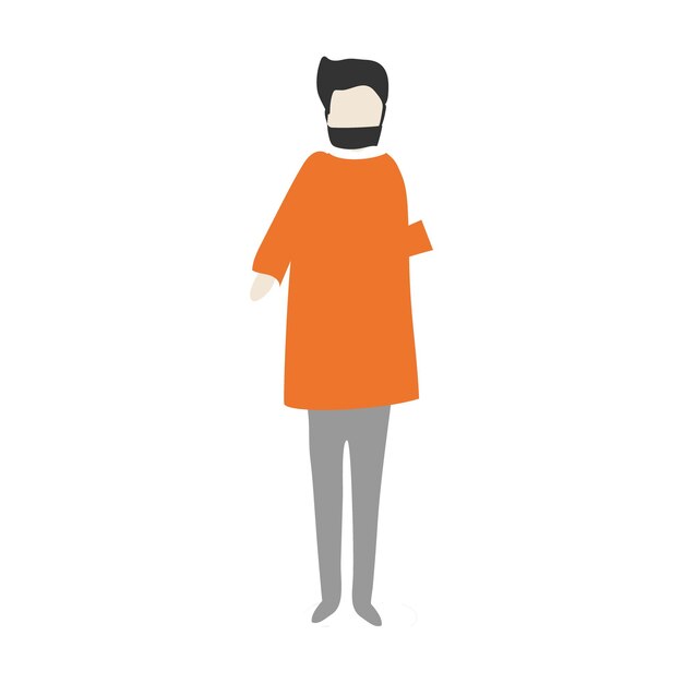 een man in een oranje jas staat voor een witte achtergrond