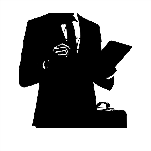 Een man in een pak houdt een tablet vast zakenman staat met tablet vector silhouet
