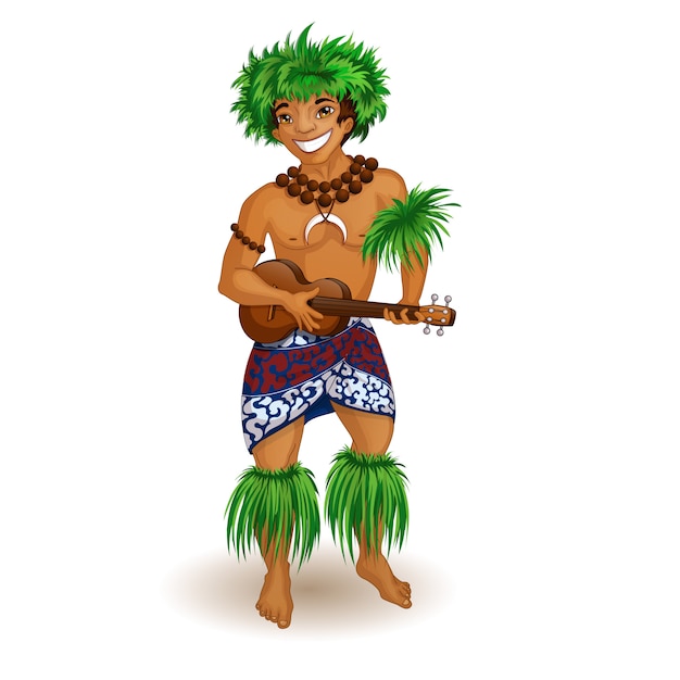 Een man in Hawaiiaanse kleding met een ukelele in zijn handen.