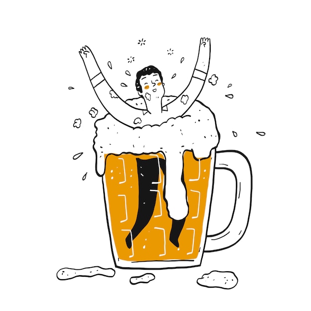 Een man in het glas bier.