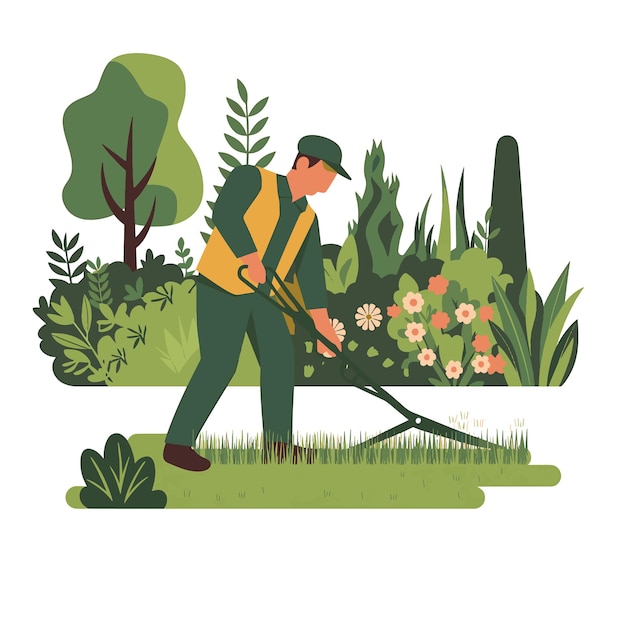 een man is het maaien van een vijver met bloemen en bomen vector plat ontwerp