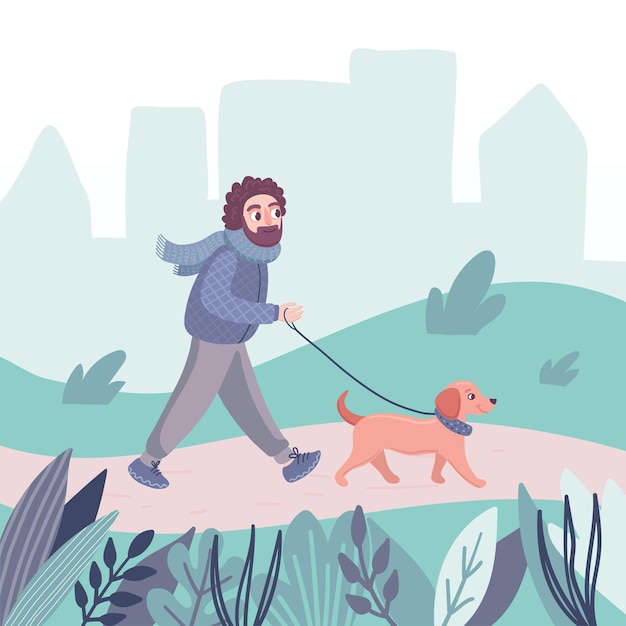Een man loopt met een teckelhond in het park