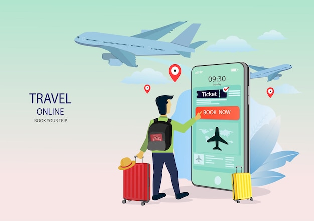 Een man met bagage boekt online service-app op de smartphone Reis online ticket Mobiele applicatie Reisplanningsconcept voor website of mobiele app vectorillustratie