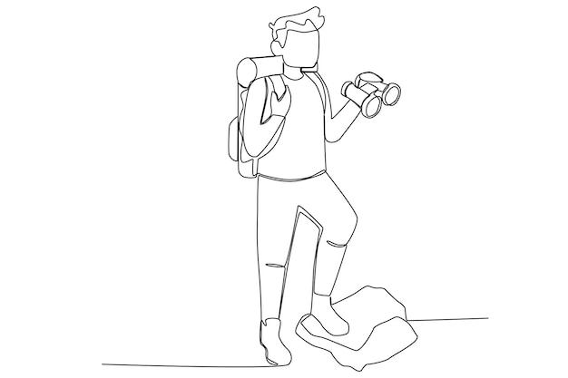 Een man met een backpacker die buiten een lijnwerk wandelt