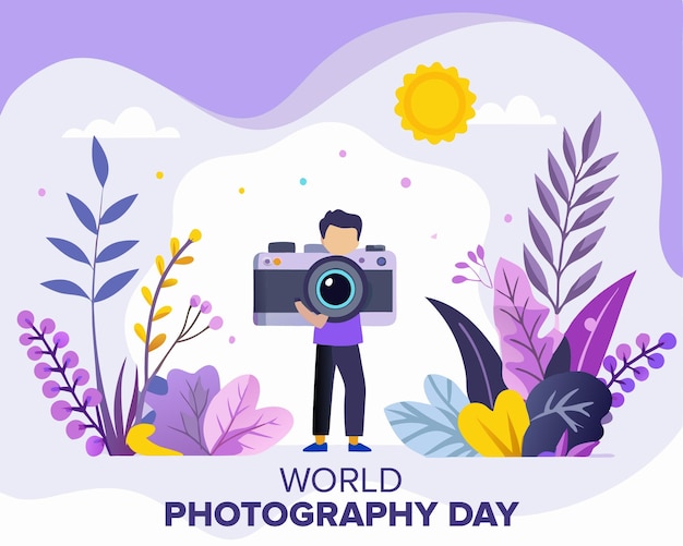 een man met een camera waarop staat wereldfotografie