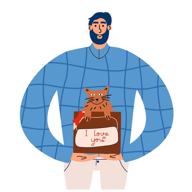 Een man met een doos met een kat. Valentijnsdag karakter. Vector hand tekenen illustratie