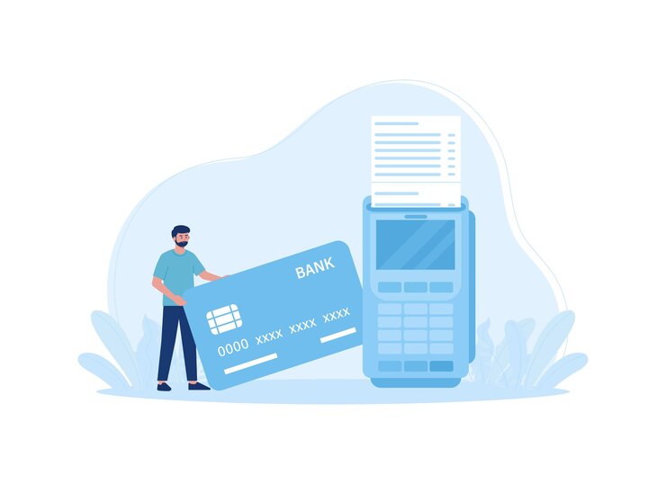 Vector een man met een edc-machine en een creditcardconcept vlakke afbeelding