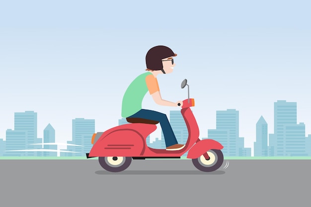 Een man met een helm die op een scooter rijdt op de weg met de achtergrond van de stad Cartoon vector illustratie