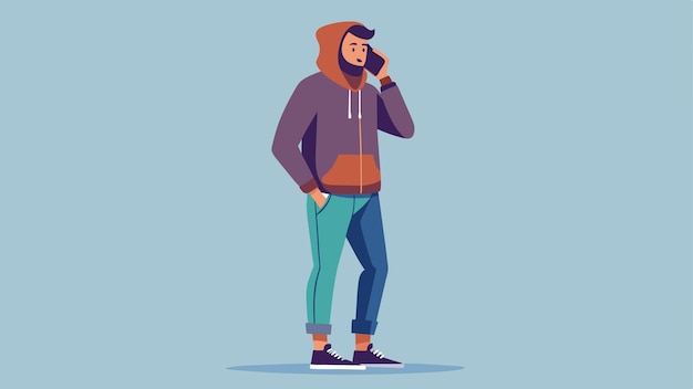Een man met een hoodie die aan het praten is op een mobiele telefoon.