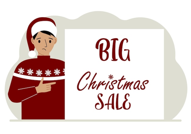 Een man met een kerstmuts en een lelijke trui naast een kerstmarkt met een Big Christmas Sale-poster