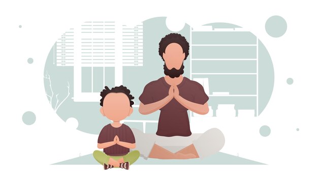 Een man met een kleine jongen zit te mediteren in de lotushouding Meditatie Cartoon-stijl