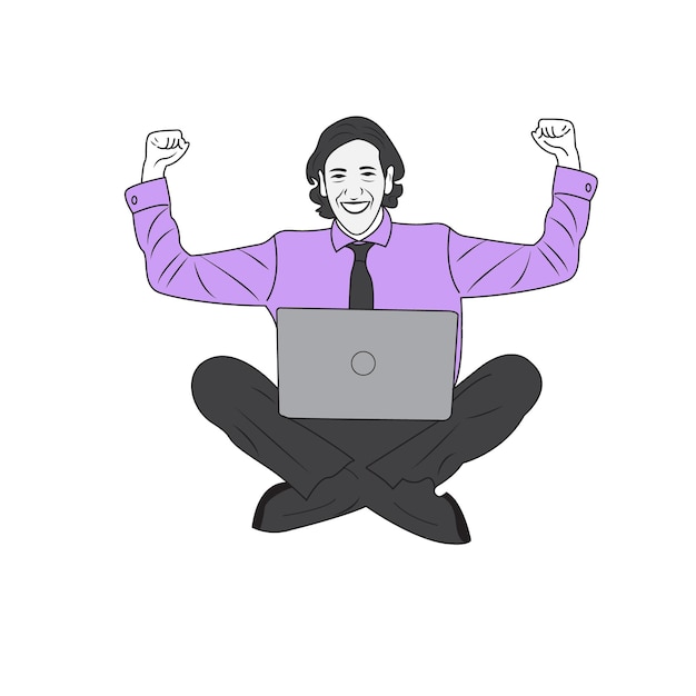 een man met een laptop met zijn armen in de lucht