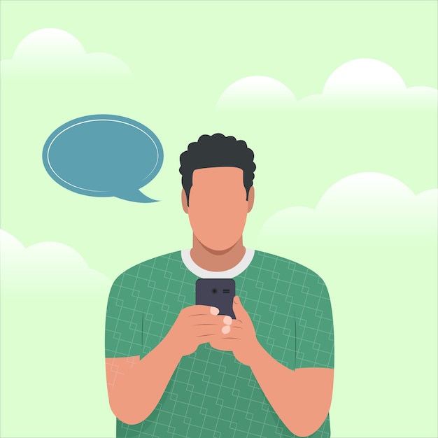 Een man met een smartphone die een bericht stuurt met een berichtbubbel in de lucht