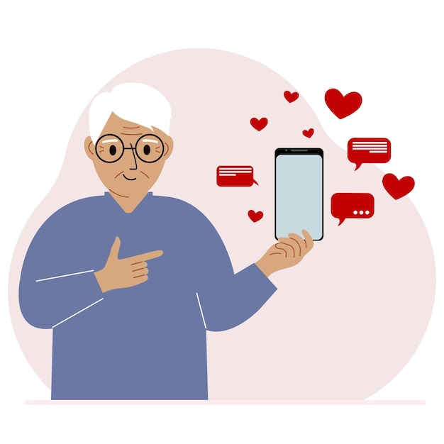 Een man met een smartphone in zijn hand het concept van correspondentie communicatie sociale netwerken veel harten