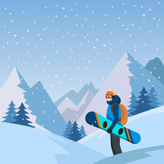 Een man met een snowboard op de achtergrond van het berglandschapSnowboarden Extreme sportactiviteiten