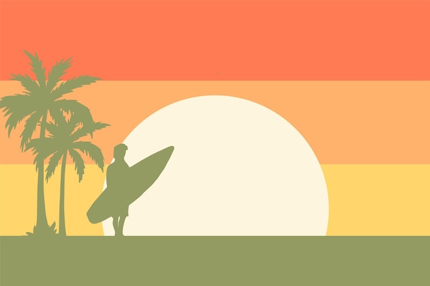 Een man met een surfplank. vectorillustratie van zonsonderganglandschap op tropisch strand