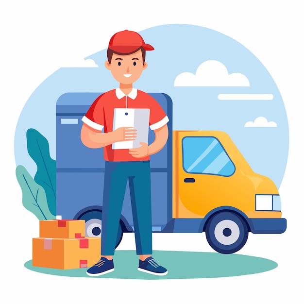 een man met een tablet naast een gele vrachtwagen
