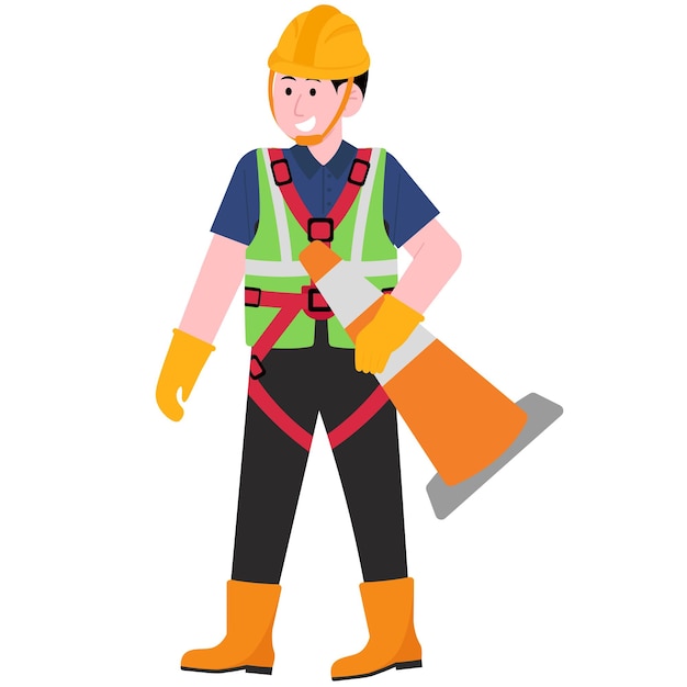 Vector een man met een veiligheidsvest en een helm met een grote oranje kegel in zijn hand