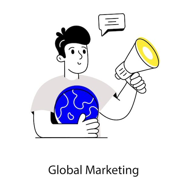 Een man met een wereldbol en een megafoon met de woorden global marketing erop.