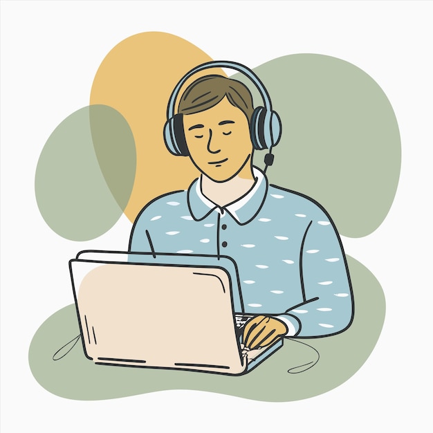 een man met koptelefoon en een laptop met een foto van een man die er aan werkt