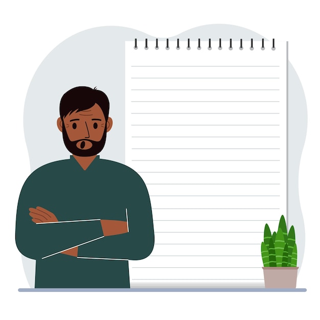 Vector een man naast een groot notitieblok of een groot notitieboekje het concept van het vullen van een notitieblok of notitieblok voor het schrijven van notities timemanagementplanning