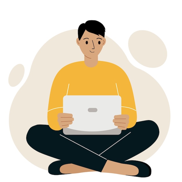 Een man of een man zit en werkt op een laptop. Werken op afstand of communicatie via internet. Tevreden, blij.