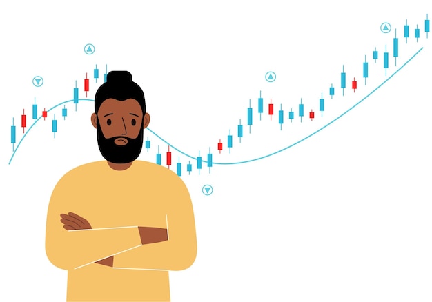 Een man op de achtergrond van een Forex-grafiek Conceptuele illustratie over het onderwerp strategische planning bij de handel op de beurs