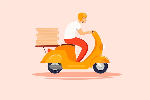 Een man op een scooter met een doos pizza erop.