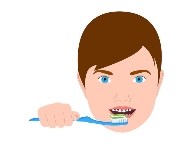 Een man poetst zijn tanden met een tandenborstel waar het woord tandpasta op staat.