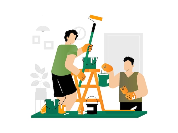 Vector een man schildert een huis met een roller en een man houdt een verfroller vast.