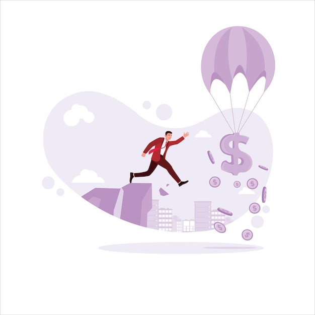 Een man springt van een klif en ziet een dollarteken in een heteluchtballon vliegen. Werk onvermoeibaar