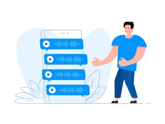 Een man staat in de buurt van de smartphone op het scherm voice messages voice messaging correspondentie