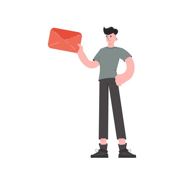 Een man staat in volle groei met een envelop met een letter geïsoleerd element voor presentatiesites
