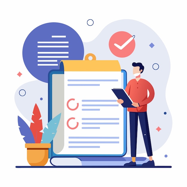 Een man staat met een klembord naast een ander klembord met een checklist erop Online arbeidsovereenkomst Eenvoudige en minimalistische platte vectorillustratie