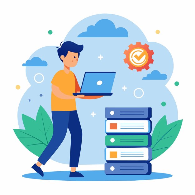 Een man staat met een laptop naast een stapel bestanden op een bureau Het concept is het back-up maken van de gegevens Eenvoudige en minimalistische platte vector illustratie