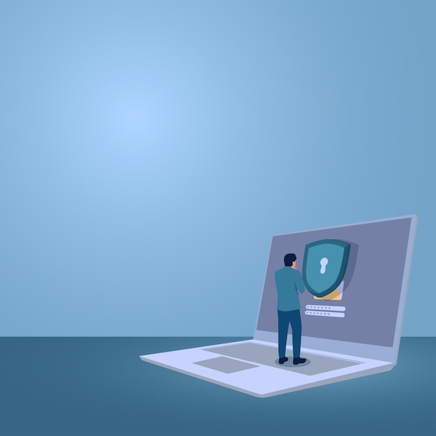 Een man staat voor een vergrendelde laptop een illustratie voor gegevensbeveiliging bestandsbescherming privacy