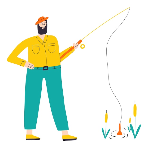 Een man vangt vis Visconcept Een man visser rust op een visreis Vector handgetekende illustratie