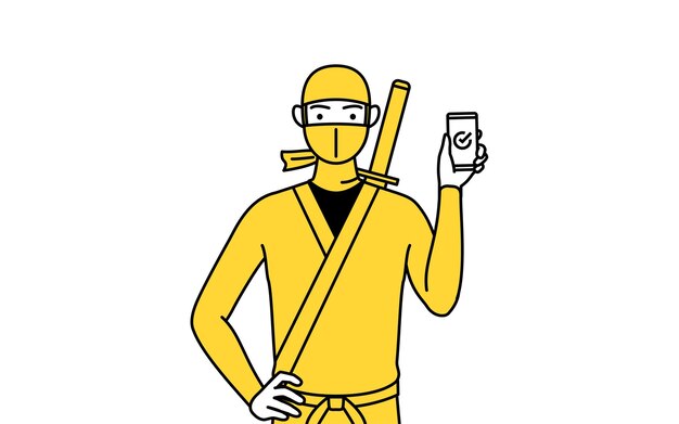 Een man verkleed als ninja die op het werk een smartphone gebruikt
