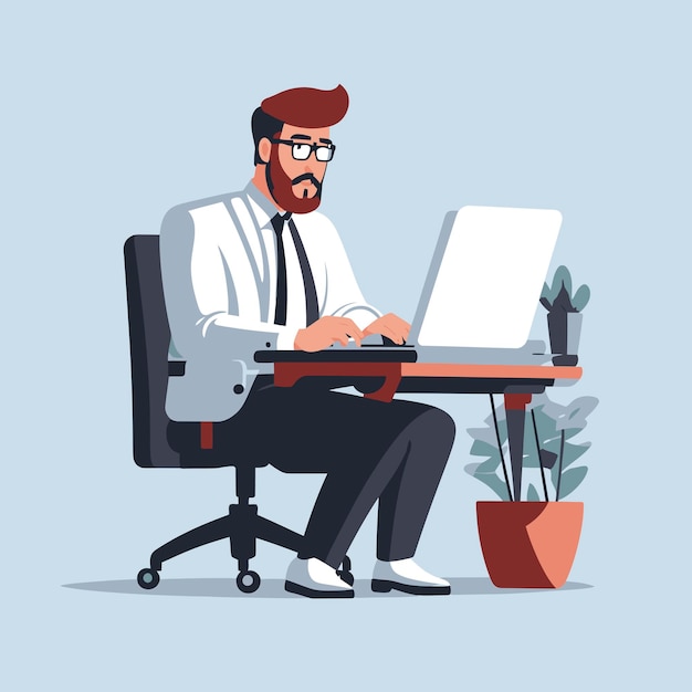 Een man werkt achter een computer en draagt een stropdas en een bril.