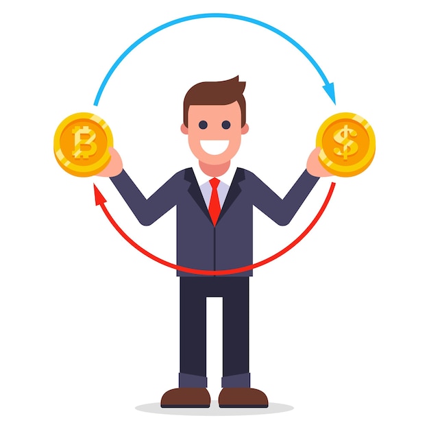 Een man wisselt bitcoin in voor dollars. valutawissel in de vorm van munten. platte vectorillustratie.