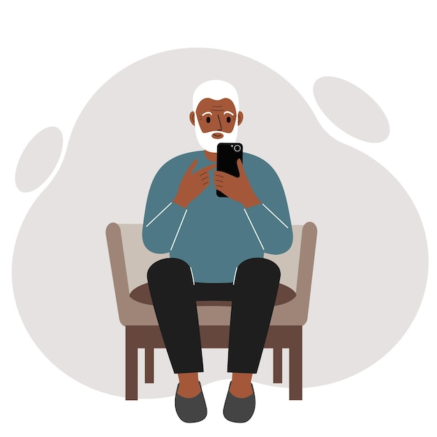 Een man zit in een stoel met een mobiele telefoon platte vectorillustratie
