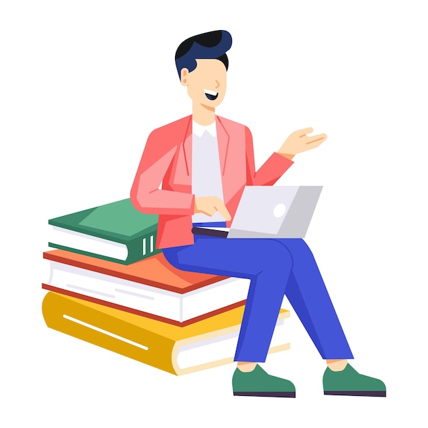 Een man zit op een stapel boeken met een man bovenop hen.
