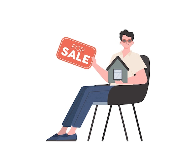 Een man zit op een stoel met een bord in zijn handen te koop Onroerend goed verkoopconcept geïsoleerde vectorillustratie