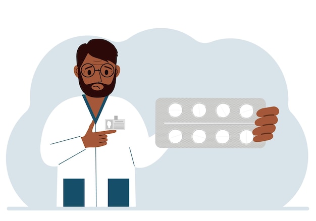 Een mannelijke arts in een witte jas houdt een groot bord met pillen vast Vector platte illustratie