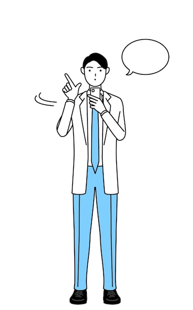 Een mannelijke arts in witte jassen die een smartphone bedient