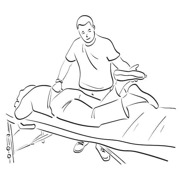 een mannelijke fysiotherapeut die een been van een patiënt masseert en kneden, geeft een illustratie van medische zorg